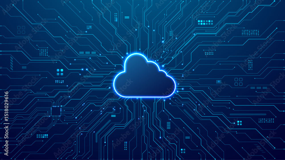 Aufkleber Neon futuristic cloud is a center electronics circuit board. Technology background. AI data center concept. Tech cloud chip on digital PCB layout. Artificial Intelligence data server. Vector bg.