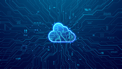Abstract digital tech Cloud with circuit board components. AI data server concept. Big Data. Technology blue circuit board. 3D neon cloud in the center futuristic motherboard. Vector illustration. 