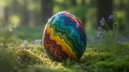 A close-up photograph of a vibrant Easter egg painted with a spiral pattern of turquoise, pink, and yellow colors. 