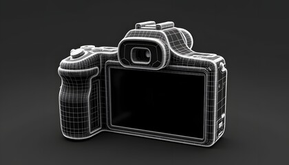 A high resolution 3D model of a generic, black digital camera body structure, rendered in wireframe