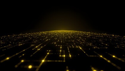 A high contrast, three dimensional rendering features a network of fine, luminous yellow grid lines suspended against a deep, shadowy backdrop