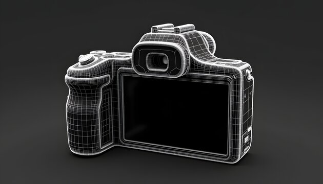 A high resolution 3D model of a generic, black digital camera body structure, rendered in wireframe