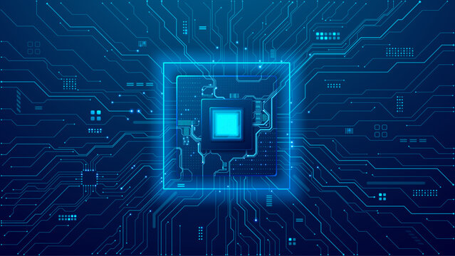 Abstract digital AI chip on light circuit board on technology blue background. Artificial Intelligence processor or semiconductor on tech bg. Computer microchip on motherboard. Abstract digital vector