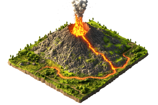 Isometric volcano landscape illustration showcasing geological eruption and topography
