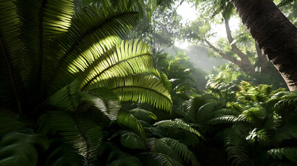 Naklejka premium Sunlight Filtering Through Lush Tropical Forest Canopy