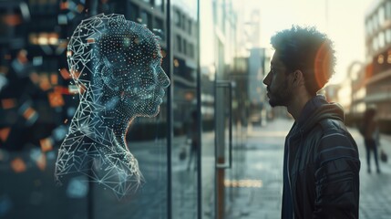 Conceptual art of digital twin linking human and AI in tech background
