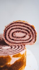 Close-up of a bakery-style roulade slice with swirl filling on white background – roulade wallpaper – bakery wallpaper – roulade image

