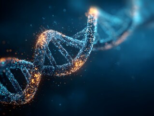 Visualization of the glowing, sparkling DNA double helix, iconic molecular biology imagery.