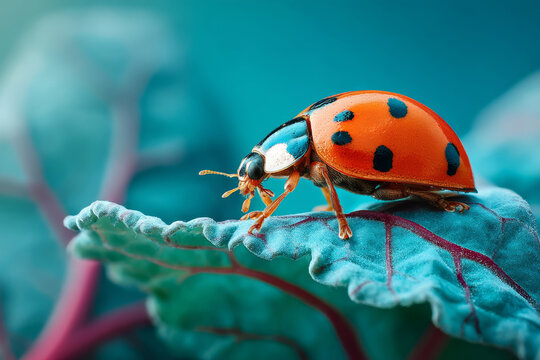 Ladybug perched on blue-toned cabbage leaf in sharp macro detail