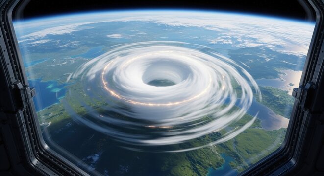Fototapeta Powerful hurricane seen from a spaceship window orbiting Earth, highlighting global weather.