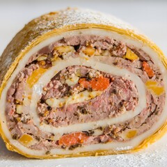 A single slice of roulade roll with swirl filling, shown on a white surface – roulade wallpaper – bakery wallpaper – roulade image

