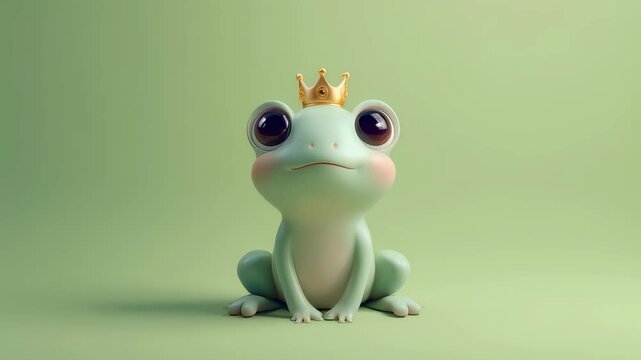 A cute cartoon frog with big eyes sits wearing a golden crown on a light green background. This digital animation represents royalty and fairytales.