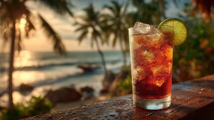 Refreshing Cola with Ice and Lime on a Tropical Beach Sunset. A cold glass of cola with ice cubes and lime garnish sits on a rustic beachside table at sunset
