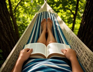 Bare feet rest in a hammock between trees, an open book lies on the lap in soft sunlight.