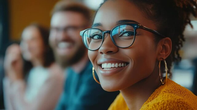 A smiling woman in glasses and a yellow top, sharing a cheerful moment with others.