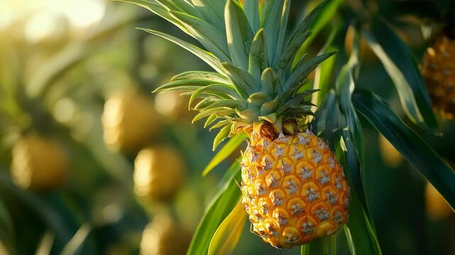 A close up of a pineapple on a tree