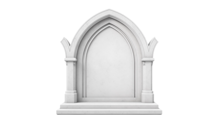 A detailed view of a white gothic archway with pillars on a black background studio shot isolated on transparent background