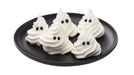A black plate with five meringue ghosts, each with small black eyes, on a black background isolated on transparent background