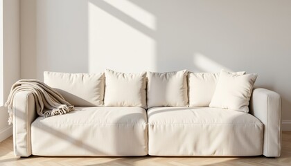 Obraz premium Cozy white sofa with cushions in minimalist living room setting 