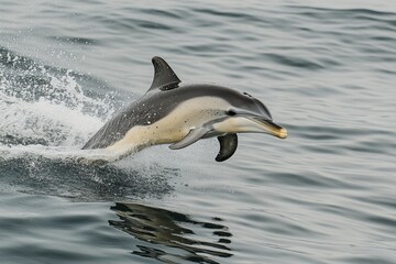 Obraz premium A leaping common dolphin bursts from the water with splashing droplets. Capture marine wildlife, or add to nature or ocean conservation efforts.