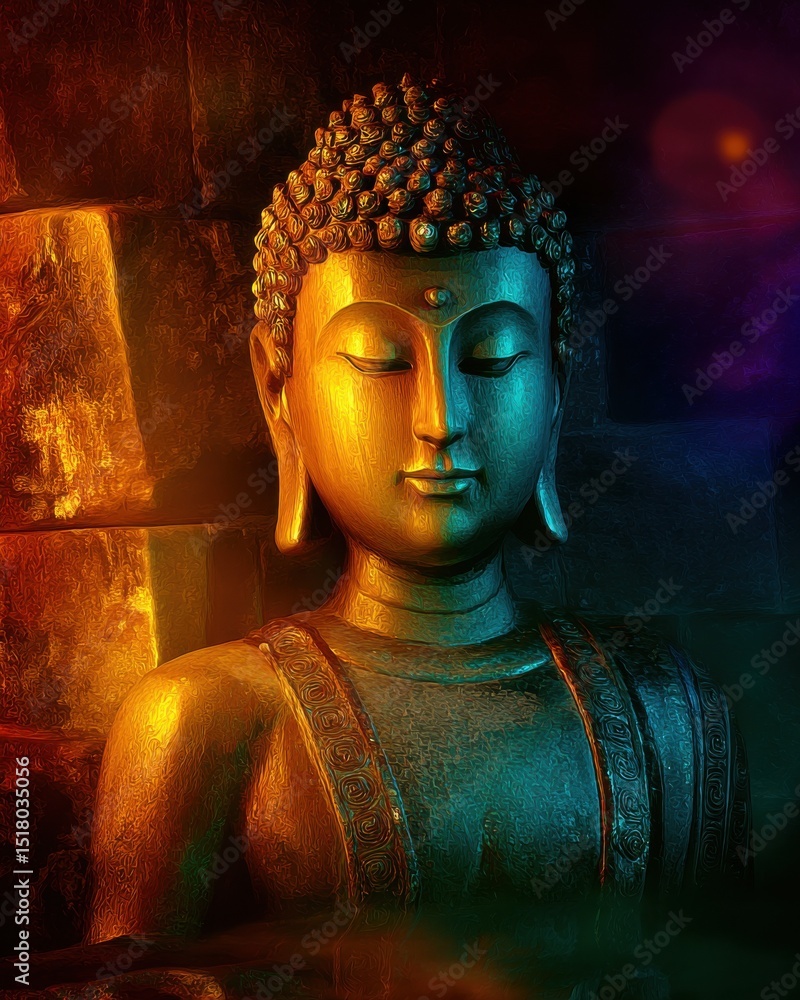 Poster golden buddha statue meditating in tranquility, representing inner peace and spiritual guidance for 