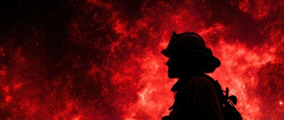 Silhouette of Firefighter Against Red Flames, Illustrating Bravery and Emergency Response, Ideal for Public Safety Campaigns and Community Support : Generative AI