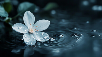 Delicate White Flower with Glimmering Dew Drops Resting on a Tranquil Dark Water Surface