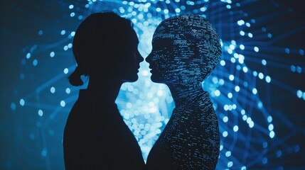 Conceptual art of digital twin linking human and AI in tech background