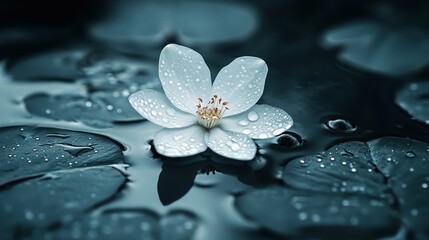 Delicate White Flower with Glimmering Dew Drops Resting on a Tranquil Dark Water Surface