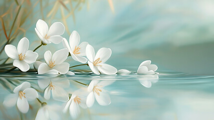 Delicate White Flowers Gently Submerged in Tranquil Aqua Water, Creating a Serene Reflection