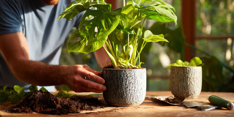Person repotting a green plant with large leaves in a textured gray pot, showcasing home gardening and plant care, symbolizing growth and nature