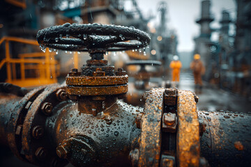 Fototapeta premium Wet industrial valve controlling flow in a refinery during rainfall