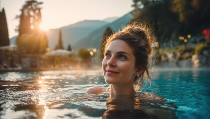 Fototapeta premium Woman Relaxing in a Hot Spring Pool at Sunset, Showcasing Wellness and Self-Care Retreats, With a Sense of Serenity : Generative AI