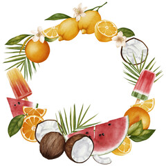  A round watercolor wreath frame made of tropical fruits and desserts, including watermelon slices, oranges, lemons, coconuts, palm leaves, and fruit popsicles