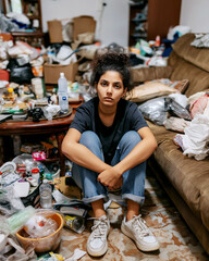 Hoarding disorder clutter room. Anxiety mental health stress. Woman sitting on a cluttered sofa with a stressed expression.