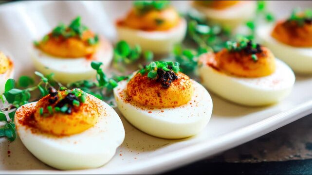 Deviled eggs, beautifully presented on a decorative plate.