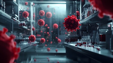 Detailed Laboratory Environment with Floating Red Virus Particles and Scientific Equipment