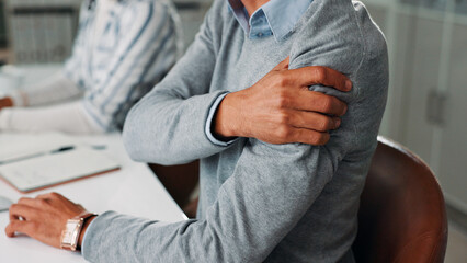 Business person, hands and shoulder pain in office with stress, burnout and overtime joint injury....