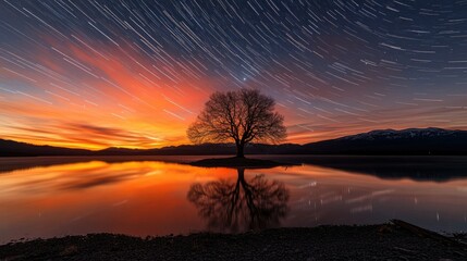 Obraz premium Serene Landscape with Silhouetted Tree and Star Trails Over Reflective Water at Sunset in Tranquil Natural Environment