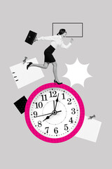 Vertical image sketch vertical collage of happy businesswoman run clock time management carry...