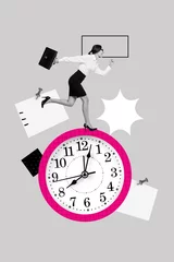 Gordijnen Vertical image sketch vertical collage of happy businesswoman run clock time management carry briefcase sticker workload © deagreez