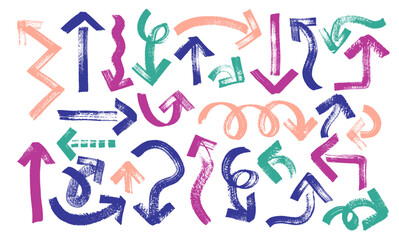 Cartoon Color Different Brush and Marker Drawn Bold Arrows Set. Vector illustration of Hand Drawn Doodle Thick Arrow