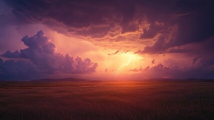 Majestic Landscape Under Dramatic Skies with Lightning and Colorful Sunset Over Open Fields and Rolling Hills in Nature's Splendor