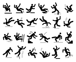 Cartoon Silhouettes Man Warning Caution Symbols With Falling Stick Figure Set. Vector illustration of Fall Down from Ladder