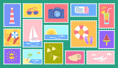 Cartoon Color Different Vintage Post Stamps Set Beach Vacation and Summertime Season Concept Flat Design Style. Vector illustration of Stickers