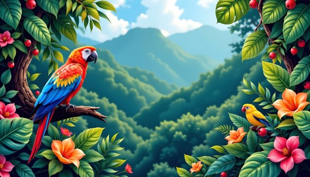 a vivid illustration featuring two parrots perched amidst lush foliage with a backdrop of a scenic mountain landscape, adorned with various flowers and greenery
