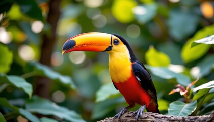 Obraz premium a vibrant toucan perched atop a wooden stump in what appears to be a tropical setting with lush greenery around