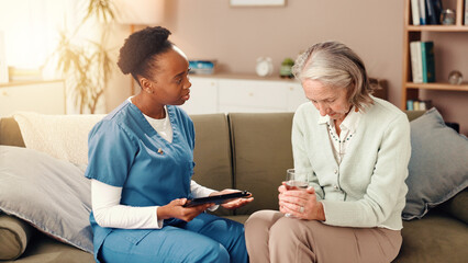 Tablet, sad and nurse with senior woman on sofa for medical service, consulting or support. Nursing...