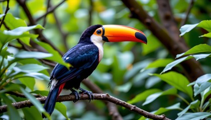 Fototapeta premium a vibrant toucan perched confidently on a branch in a lush tropical setting