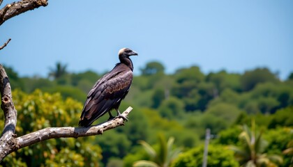 Fototapeta premium a large bird perched on a tree branch. the bird has dark feathers and is facing to the left. behind the bird, there's a clear sky and a distant view of lush green landscape with palm trees visible
